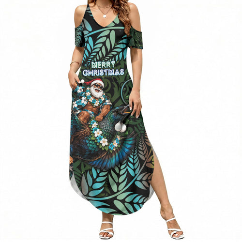New Zealand Christmas Summer Maxi Dress Santa Riding Tui Bird Silver Fern