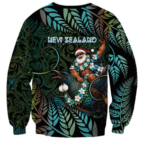New Zealand Christmas Sweatshirt Santa Riding Tui Bird Silver Fern