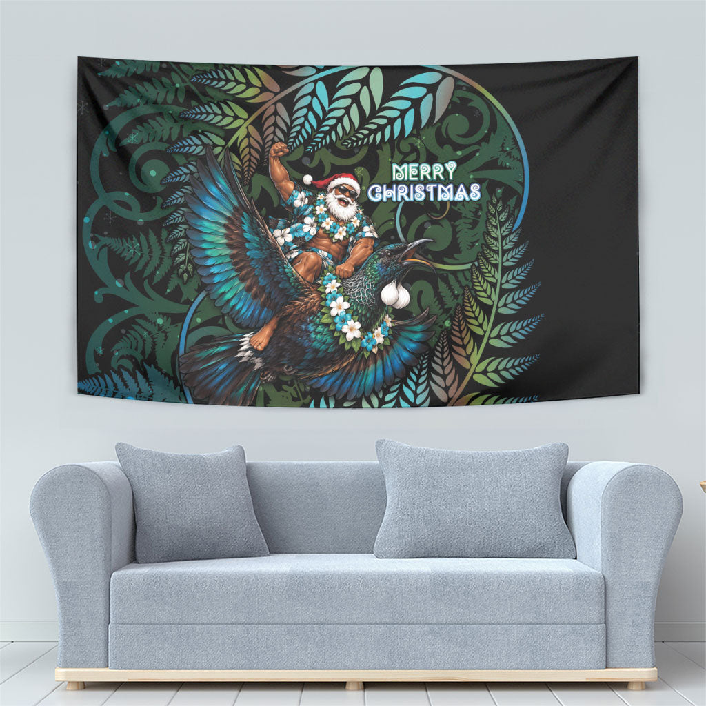New Zealand Christmas Tapestry Santa Riding Tui Bird Silver Fern