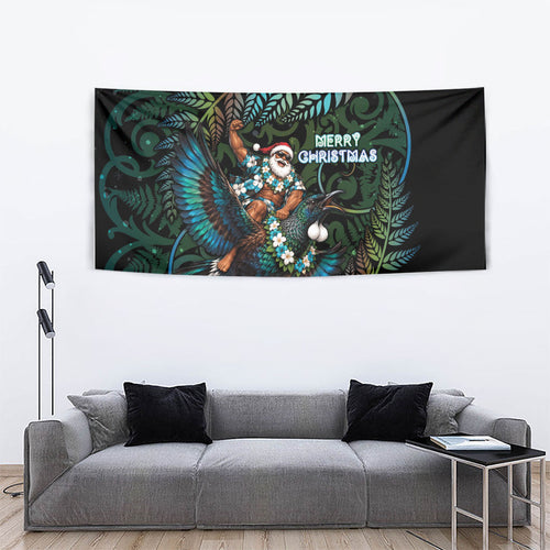 New Zealand Christmas Tapestry Santa Riding Tui Bird Silver Fern