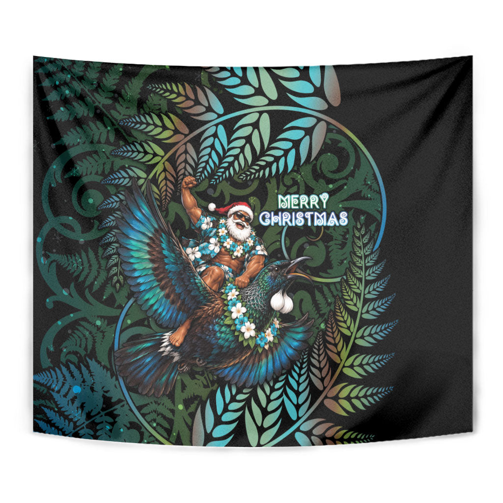 New Zealand Christmas Tapestry Santa Riding Tui Bird Silver Fern