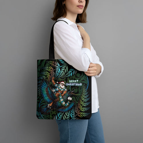 New Zealand Christmas Tote Bag Santa Riding Tui Bird Silver Fern