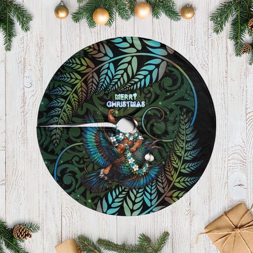 New Zealand Christmas Tree Skirt Santa Riding Tui Bird Silver Fern