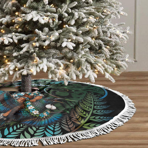 New Zealand Christmas Tree Skirt Santa Riding Tui Bird Silver Fern