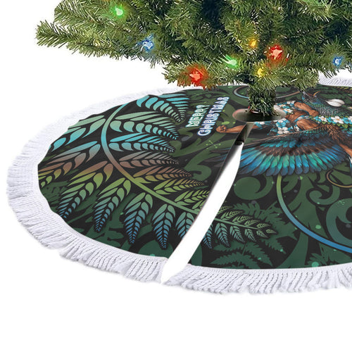New Zealand Christmas Tree Skirt Santa Riding Tui Bird Silver Fern