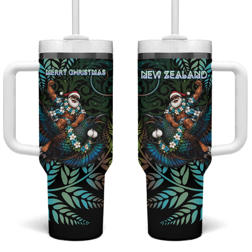 New Zealand Christmas Tumbler With Handle Santa Riding Tui Bird Silver Fern