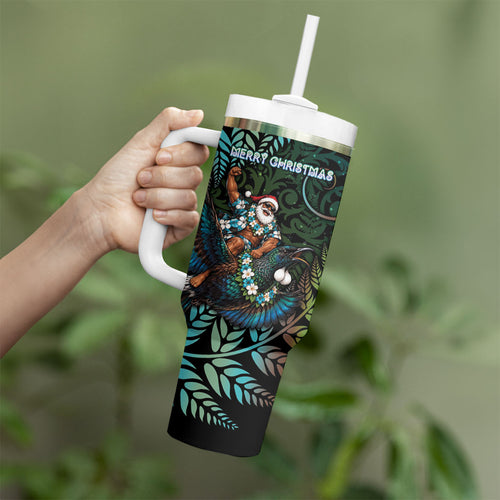 New Zealand Christmas Tumbler With Handle Santa Riding Tui Bird Silver Fern