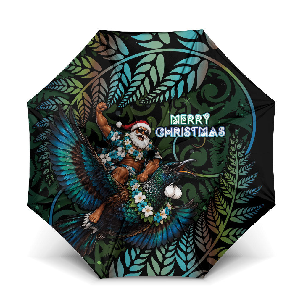 New Zealand Christmas Umbrella Santa Riding Tui Bird Silver Fern