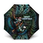 New Zealand Christmas Umbrella Santa Riding Tui Bird Silver Fern