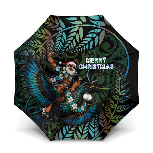 New Zealand Christmas Umbrella Santa Riding Tui Bird Silver Fern