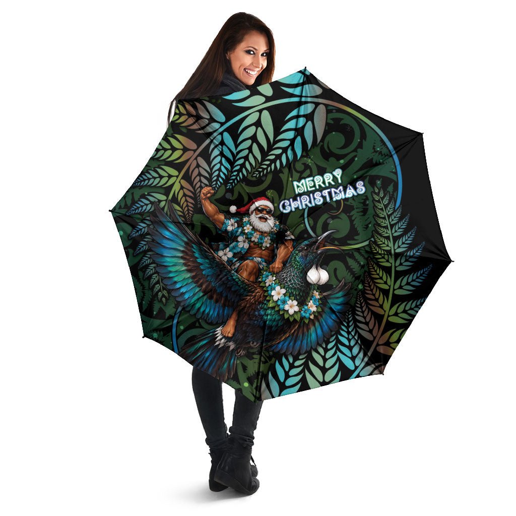 New Zealand Christmas Umbrella Santa Riding Tui Bird Silver Fern
