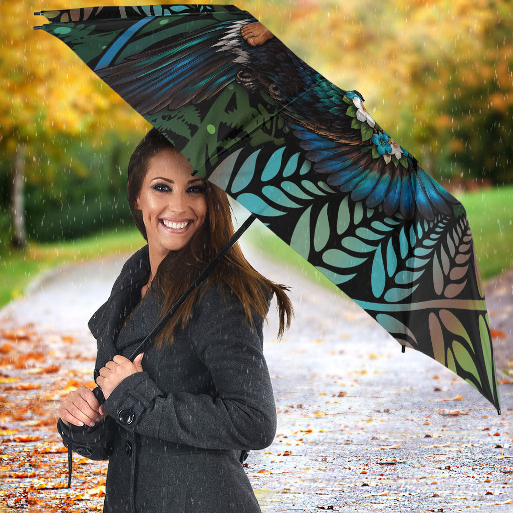 New Zealand Christmas Umbrella Santa Riding Tui Bird Silver Fern