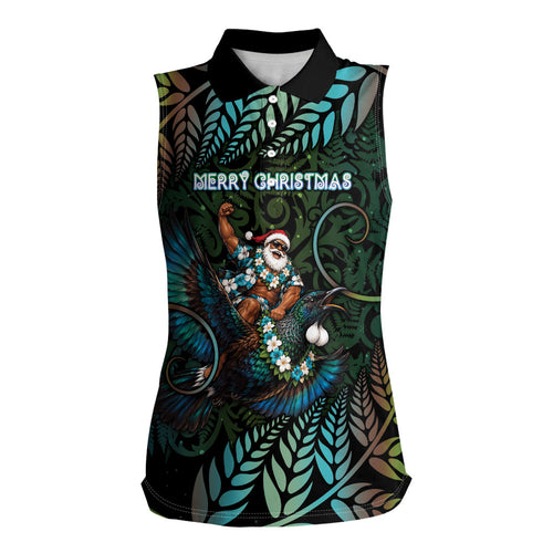 New Zealand Christmas Women Sleeveless Polo Shirt Santa Riding Tui Bird Silver Fern
