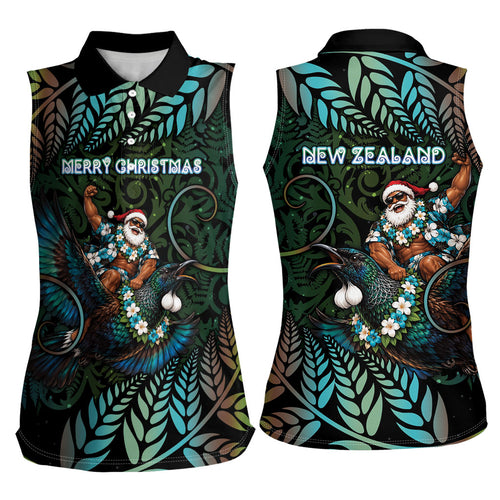 New Zealand Christmas Women Sleeveless Polo Shirt Santa Riding Tui Bird Silver Fern