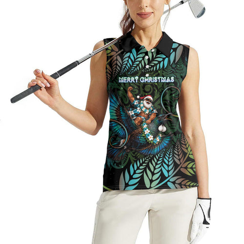 New Zealand Christmas Women Sleeveless Polo Shirt Santa Riding Tui Bird Silver Fern