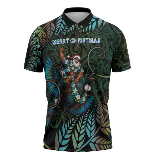 New Zealand Christmas Zipper Polo Shirt Santa Riding Tui Bird Silver Fern