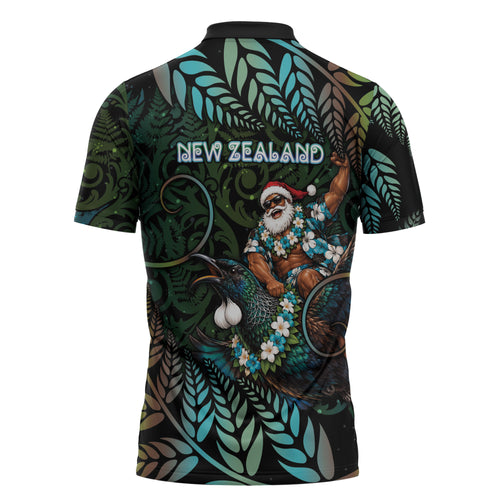 New Zealand Christmas Zipper Polo Shirt Santa Riding Tui Bird Silver Fern