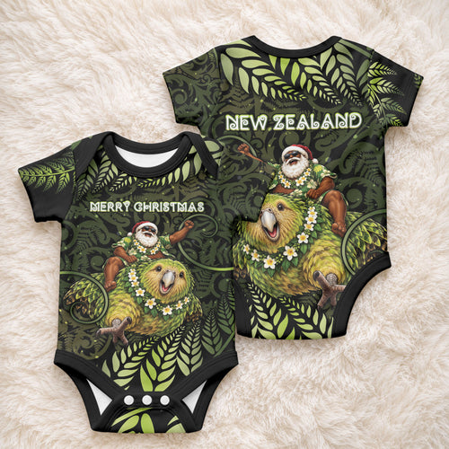 New Zealand Christmas Baby Onesie Santa Riding Kakapo Bird Silver Fern