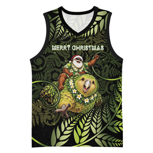New Zealand Christmas Basketball Jersey Santa Riding Kakapo Bird Silver Fern