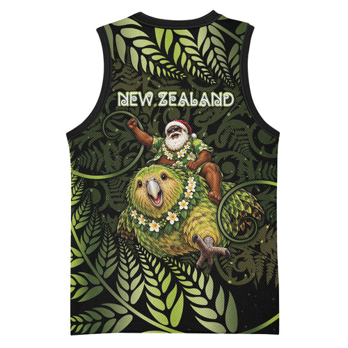 New Zealand Christmas Basketball Jersey Santa Riding Kakapo Bird Silver Fern