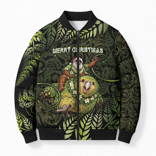 New Zealand Christmas Bomber Puffer Jacket Santa Riding Kakapo Bird Silver Fern