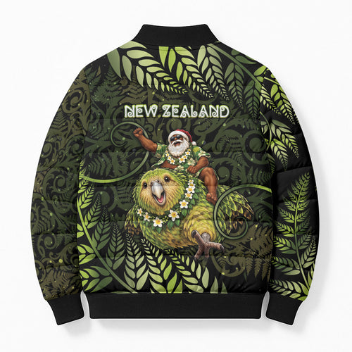 New Zealand Christmas Bomber Puffer Jacket Santa Riding Kakapo Bird Silver Fern
