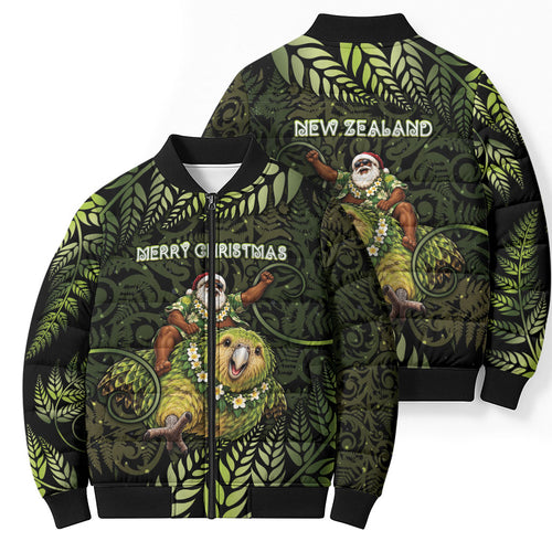 New Zealand Christmas Bomber Puffer Jacket Santa Riding Kakapo Bird Silver Fern
