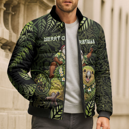 New Zealand Christmas Bomber Puffer Jacket Santa Riding Kakapo Bird Silver Fern