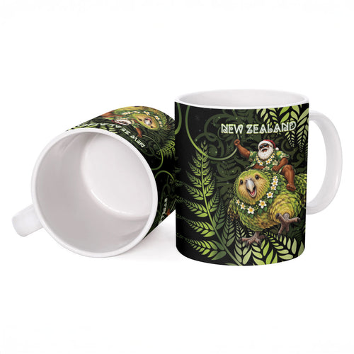 New Zealand Christmas Ceramic Mug Santa Riding Kakapo Bird Silver Fern