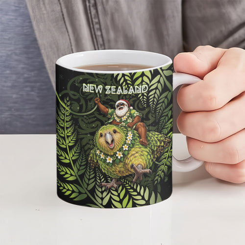 New Zealand Christmas Ceramic Mug Santa Riding Kakapo Bird Silver Fern