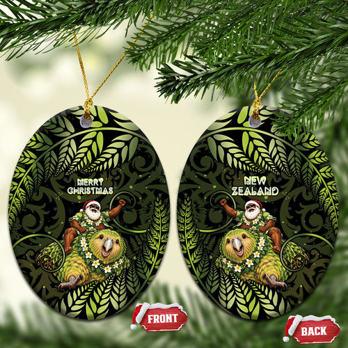 New Zealand Christmas Ceramic Ornament Santa Riding Kakapo Bird Silver Fern