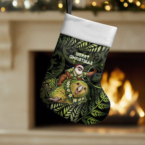 New Zealand Christmas Stocking Santa Riding Kakapo Bird Silver Fern