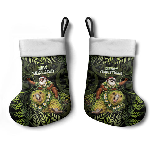 New Zealand Christmas Stocking Santa Riding Kakapo Bird Silver Fern