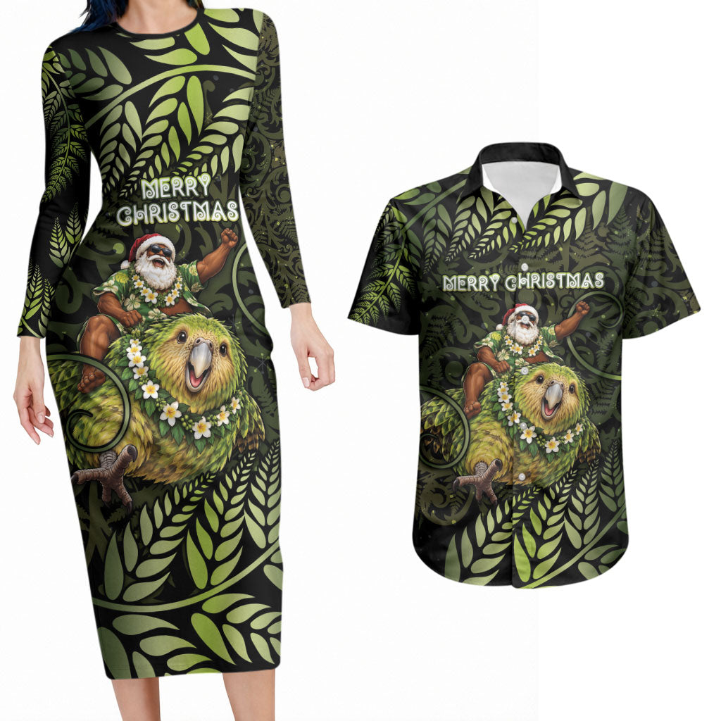 New Zealand Christmas Couples Matching Long Sleeve Bodycon Dress and Hawaiian Shirt Santa Riding Kakapo Bird Silver Fern