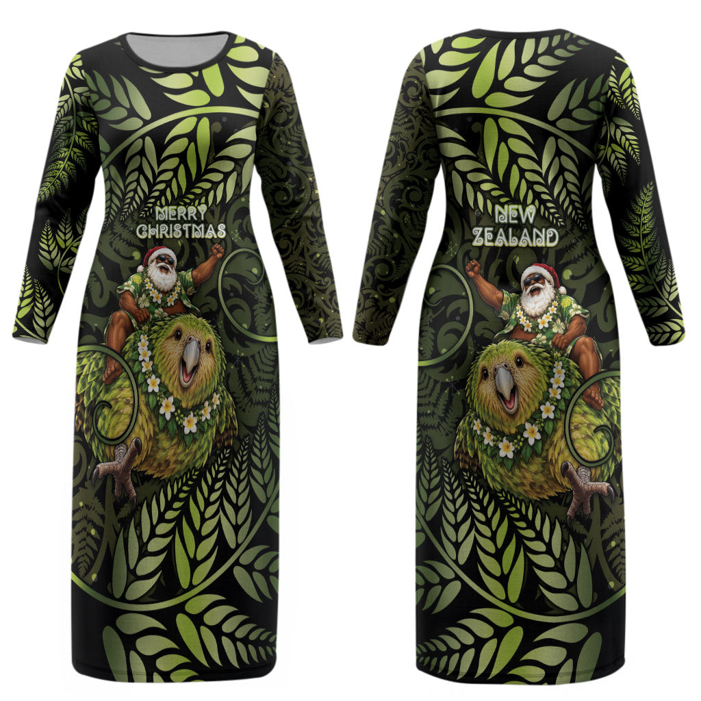 New Zealand Christmas Couples Matching Long Sleeve Bodycon Dress and Hawaiian Shirt Santa Riding Kakapo Bird Silver Fern