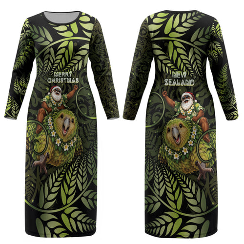 New Zealand Christmas Couples Matching Long Sleeve Bodycon Dress and Hawaiian Shirt Santa Riding Kakapo Bird Silver Fern