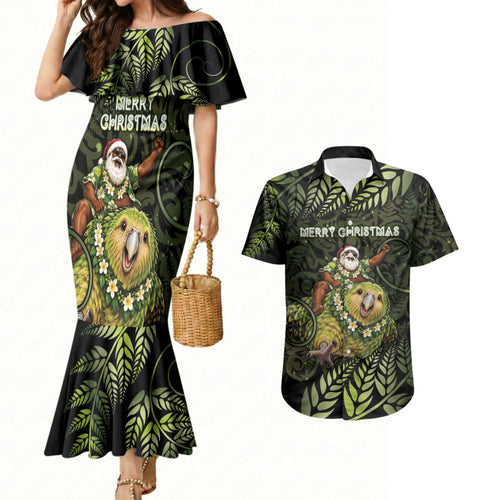 New Zealand Christmas Couples Matching Mermaid Dress and Hawaiian Shirt Santa Riding Kakapo Bird Silver Fern