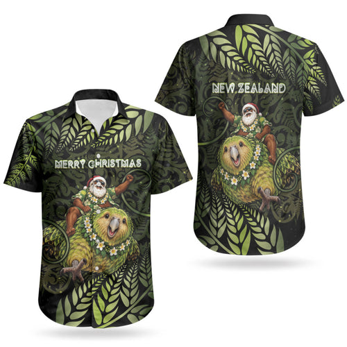 New Zealand Christmas Couples Matching Mermaid Dress and Hawaiian Shirt Santa Riding Kakapo Bird Silver Fern
