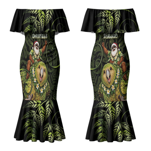 New Zealand Christmas Couples Matching Mermaid Dress and Hawaiian Shirt Santa Riding Kakapo Bird Silver Fern
