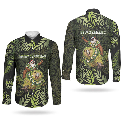 New Zealand Christmas Couples Matching Off Shoulder Maxi Dress and Long Sleeve Button Shirt Santa Riding Kakapo Bird Silver Fern