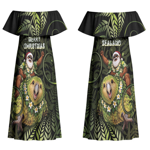 New Zealand Christmas Couples Matching Off Shoulder Maxi Dress and Long Sleeve Button Shirt Santa Riding Kakapo Bird Silver Fern