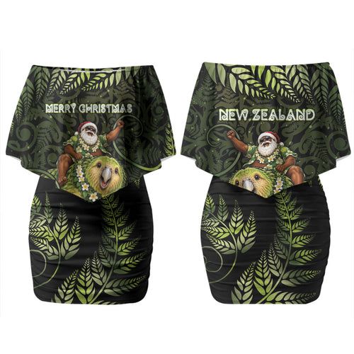 New Zealand Christmas Couples Matching Off Shoulder Short Dress and Hawaiian Shirt Santa Riding Kakapo Bird Silver Fern