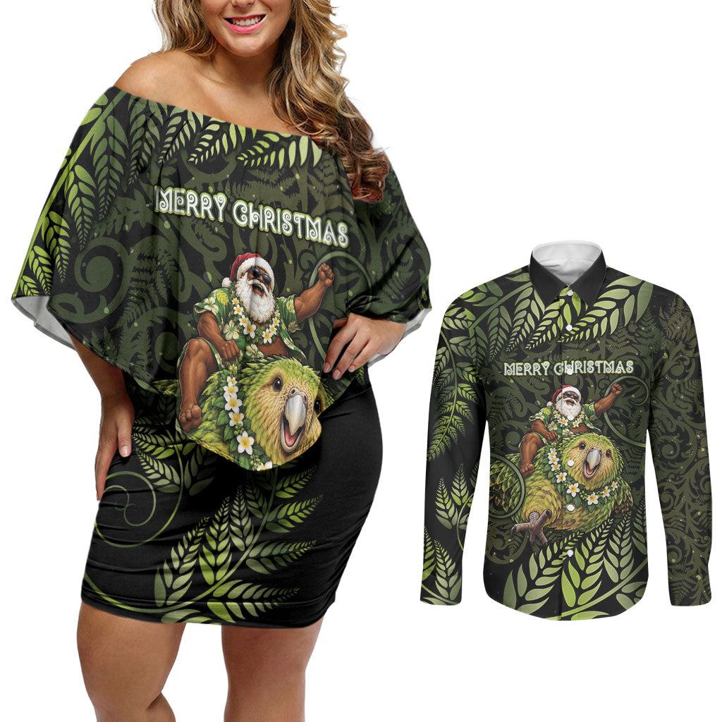 New Zealand Christmas Couples Matching Off Shoulder Short Dress and Long Sleeve Button Shirt Santa Riding Kakapo Bird Silver Fern