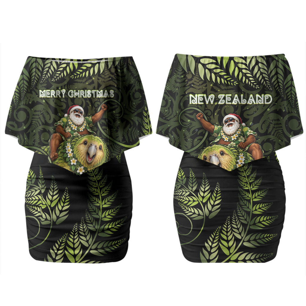 New Zealand Christmas Couples Matching Off Shoulder Short Dress and Long Sleeve Button Shirt Santa Riding Kakapo Bird Silver Fern