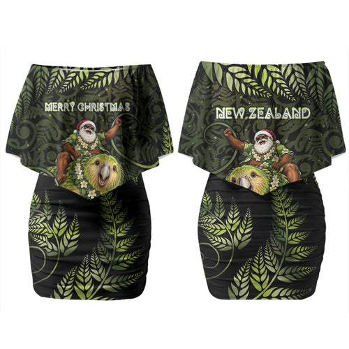 New Zealand Christmas Couples Matching Off Shoulder Short Dress and Long Sleeve Button Shirt Santa Riding Kakapo Bird Silver Fern