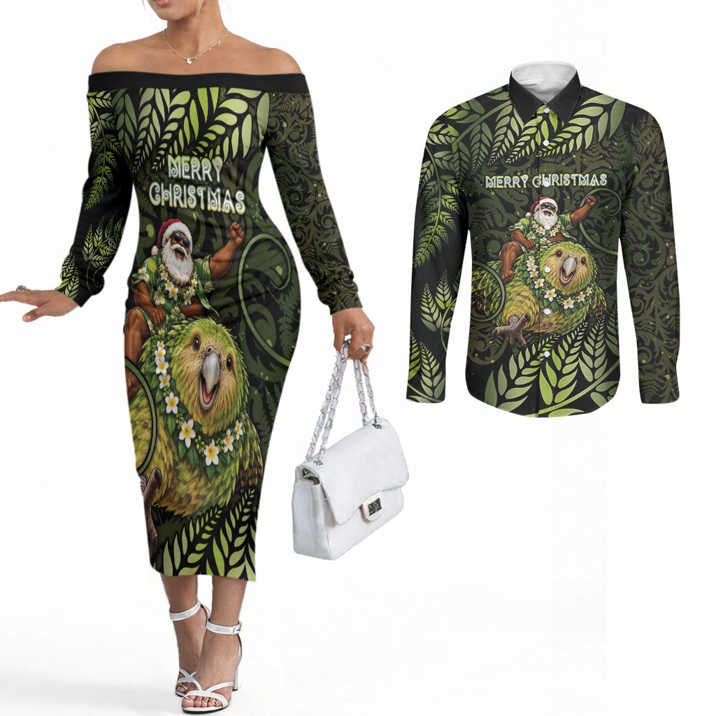 New Zealand Christmas Couples Matching Off The Shoulder Long Sleeve Dress and Long Sleeve Button Shirt Santa Riding Kakapo Bird Silver Fern