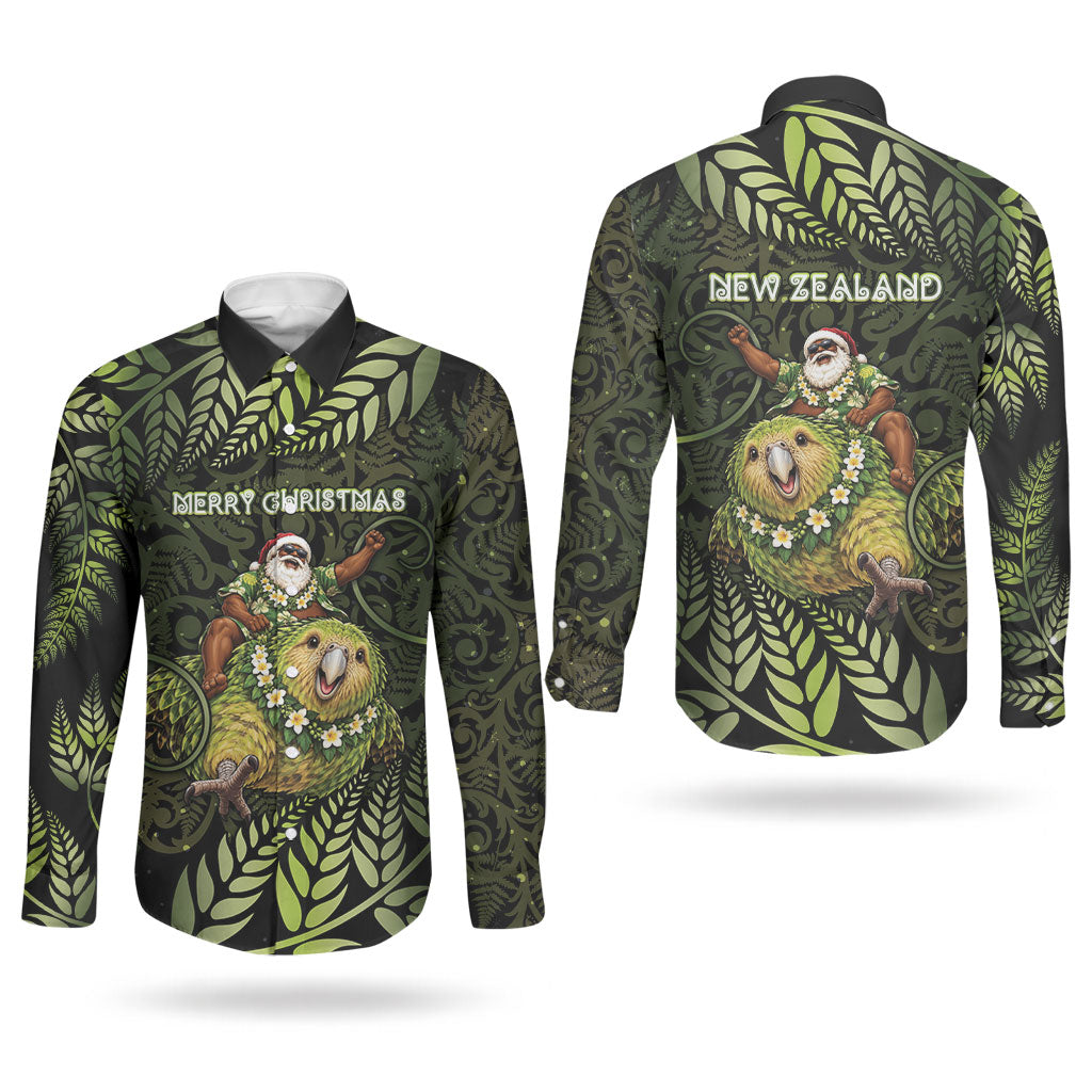 New Zealand Christmas Couples Matching Off The Shoulder Long Sleeve Dress and Long Sleeve Button Shirt Santa Riding Kakapo Bird Silver Fern