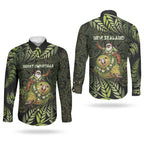 New Zealand Christmas Couples Matching Off The Shoulder Long Sleeve Dress and Long Sleeve Button Shirt Santa Riding Kakapo Bird Silver Fern