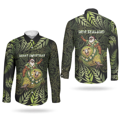 New Zealand Christmas Couples Matching Off The Shoulder Long Sleeve Dress and Long Sleeve Button Shirt Santa Riding Kakapo Bird Silver Fern