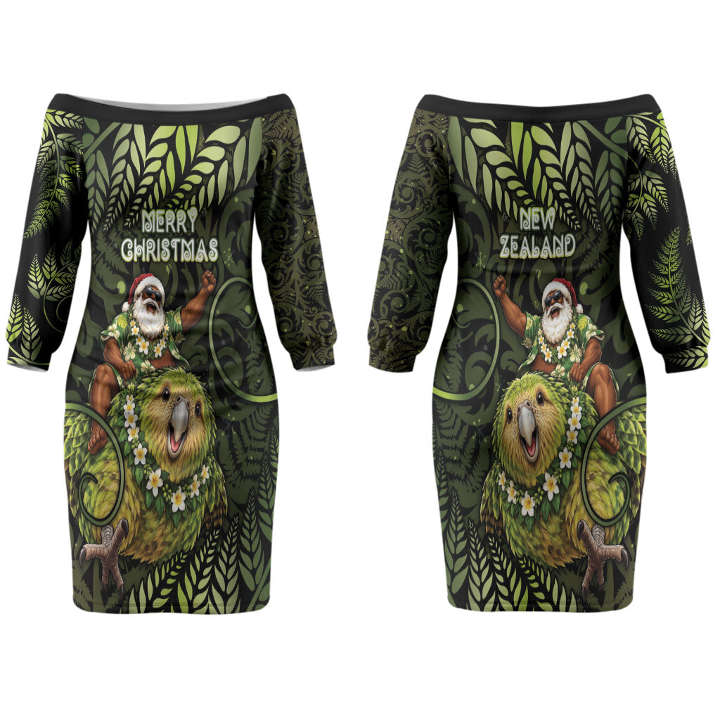 New Zealand Christmas Couples Matching Off The Shoulder Long Sleeve Dress and Long Sleeve Button Shirt Santa Riding Kakapo Bird Silver Fern